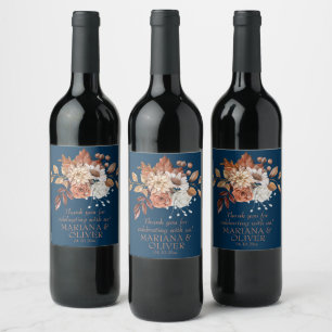 Elegant Fall Floral Navy Blue Wedding Favours Wine Label