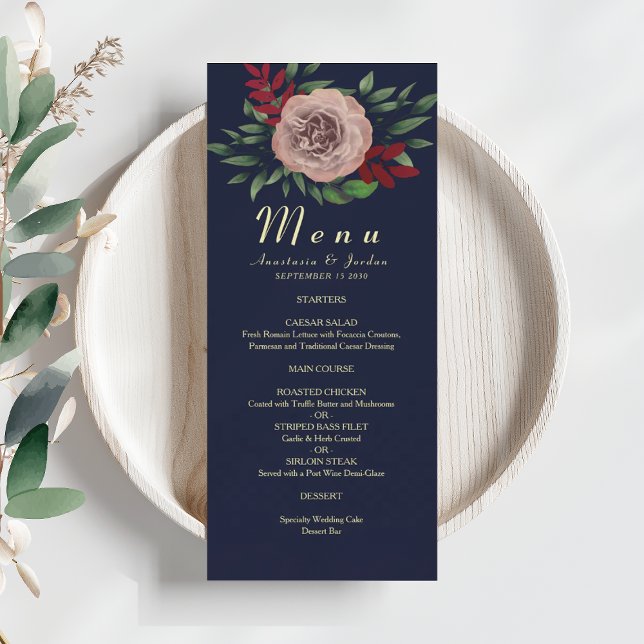 Elegant Fall Floral Navy Burgundy Wedding Menu (Creator Uploaded)