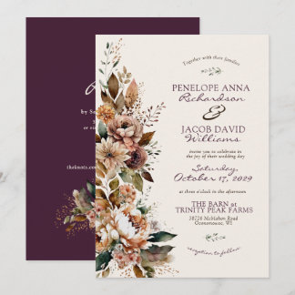 Elegant Fall Floral Plum Noir Boho Autumn Wedding Invitation