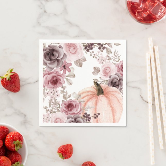 Elegant Fall Floral Pumpkin Neutrals Watercolor  Napkin (Insitu)