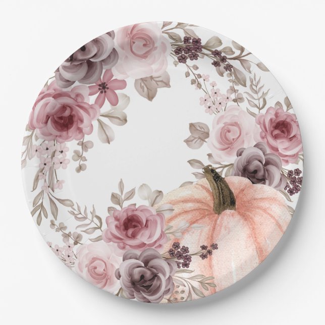 Elegant Fall Floral Pumpkin Neutrals Watercolor  Paper Plate (Front)