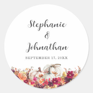 Elegant Fall Floral Pumpkin Wedding Classic Round Sticker