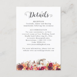 Elegant Fall Floral Pumpkin Wedding Details Enclosure Card