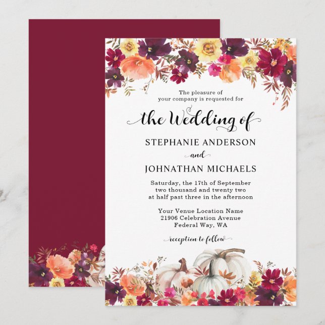 Elegant Fall Floral Pumpkin Wedding Invitation (Front/Back)