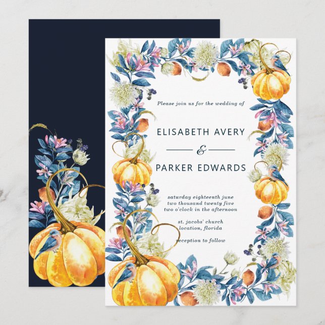 Elegant Fall Floral Pumpkin Wedding Invitation (Front/Back)