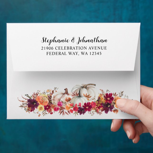 Elegant Fall Floral Pumpkin Wedding Invitation Envelope (Hand)