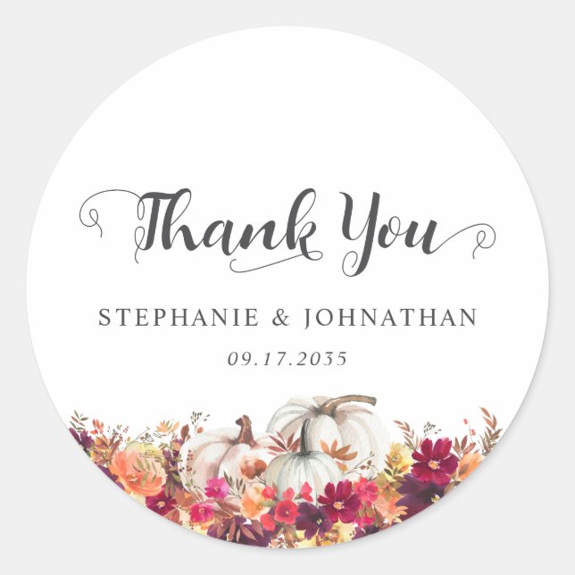 Elegant Fall Floral Pumpkin Wedding Thank You Classic Round Sticker (Front)