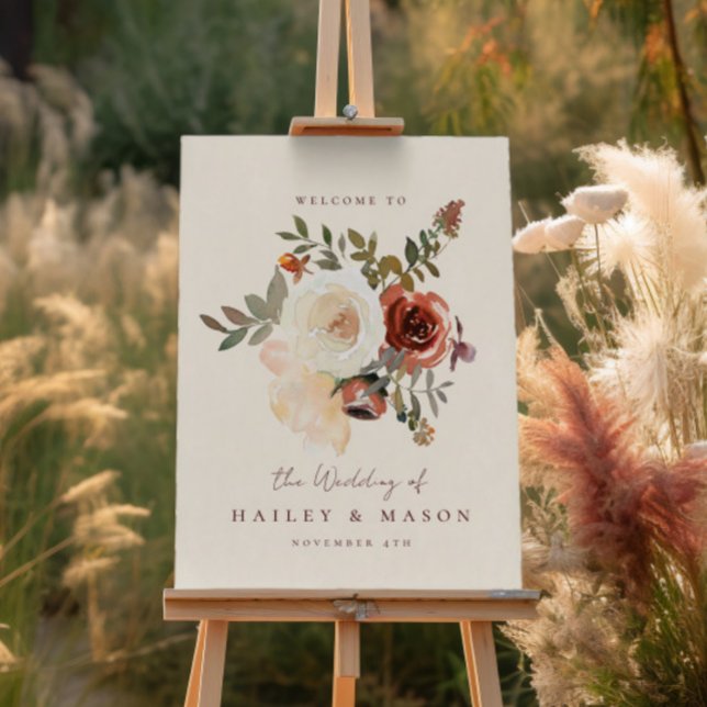 Elegant Fall Floral Red Wedding Welcome Sign (Creator Uploaded)
