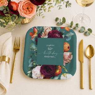 Elegant Fall Floral Teal Milestone Birthday Party Paper Plate