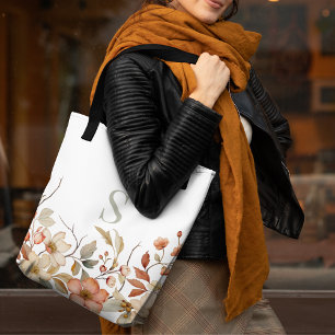 Elegant Fall Floral Watercolor Monogram White Tote Bag
