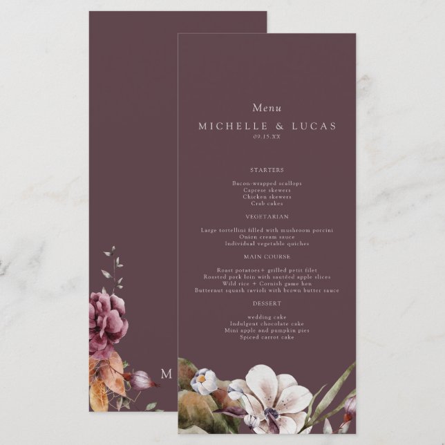 Elegant Fall Floral Wedding  Menu (Front/Back)
