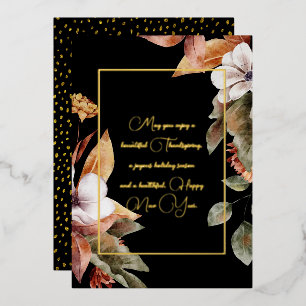 Elegant Fall Flowers & Leaves Gold Script Black Foil Holiday Card