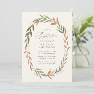 Elegant Fall Greenery Wreath Baptism Invitation