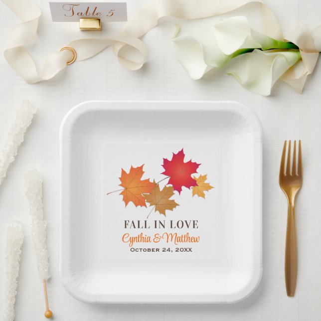 Elegant Fall in Love Autumn Leaves Wedding Paper Plate (Wedding)