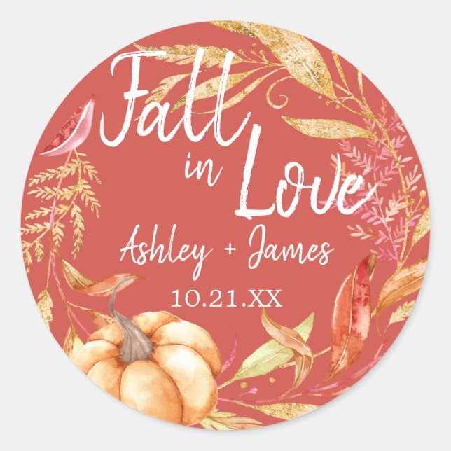 Elegant Fall in Love Autumn Red Wedding Monogram Classic Round Sticker (Front)
