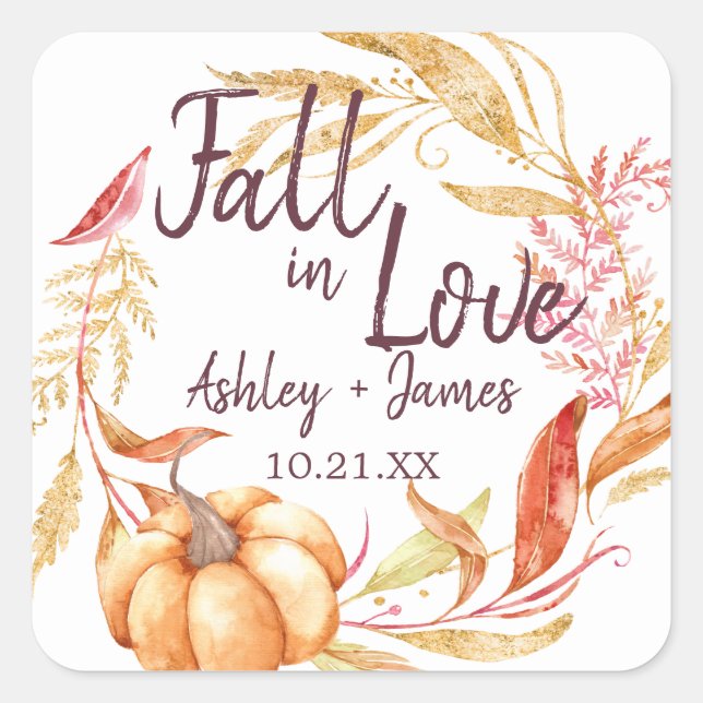 Elegant Fall in Love Autumn Wedding Monogram Square Sticker (Front)