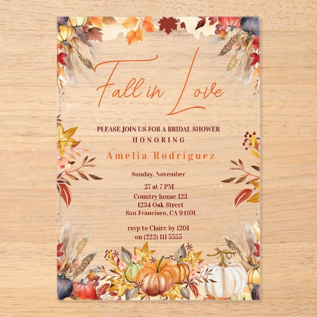 Elegant Fall in Love Bridal Shower Pumpkin Flowers Acrylic Invitations (Front)
