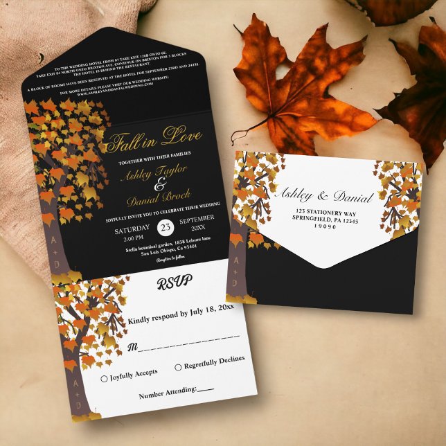 Elegant Fall in Love Carved Tree Black Wedding All In One Invitation (Creator Uploaded)