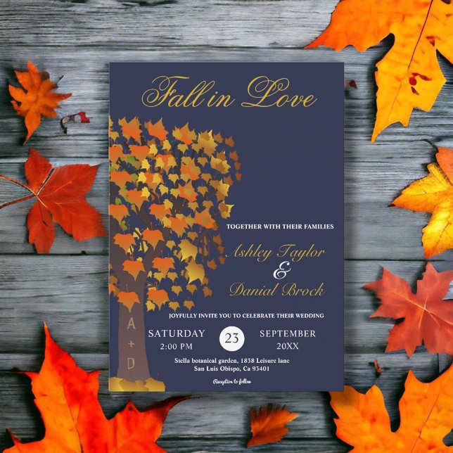 Elegant Fall in Love Carved Tree Navy Blue Wedding Invitation (Creator Uploaded)