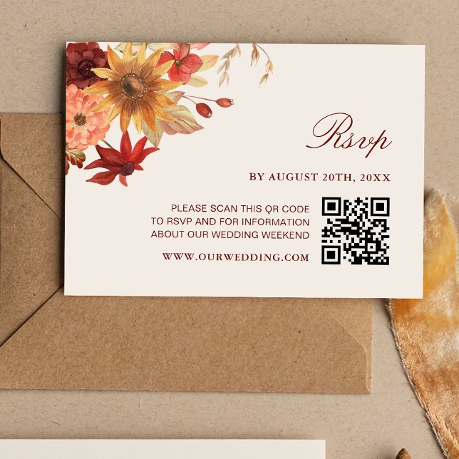 Elegant Fall Leaves Autumn QR Code Wedding RSVP Card (Elegant fall leaves autumn QR code wedding RSVP card with warm autumn charm.)