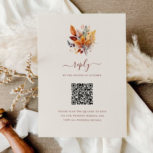 Elegant Fall Leaves Autumn QR Code Wedding RSVP Card (Creator Uploaded)