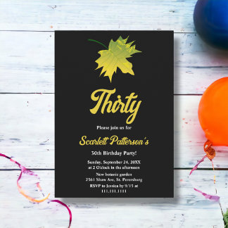 Elegant Fall Leaves Black And White 30th Birthday Invitation