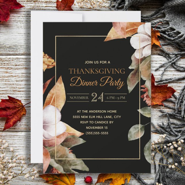 Elegant Fall Leaves Black Thanksgiving Dinner Invitation (Elegant black Thanksgiving dinner party invitation)