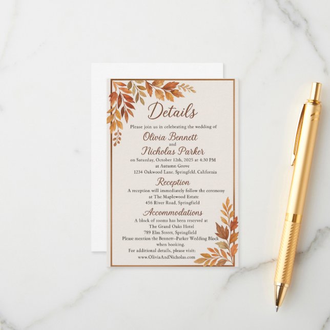 Elegant Fall Leaves & Copper Script Rustic Autumn Enclosure Card (Front/Back In Situ)