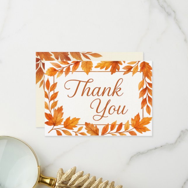 Elegant Fall Leaves & Copper Script Rustic Wedding Thank You Card (Front/Back In Situ)