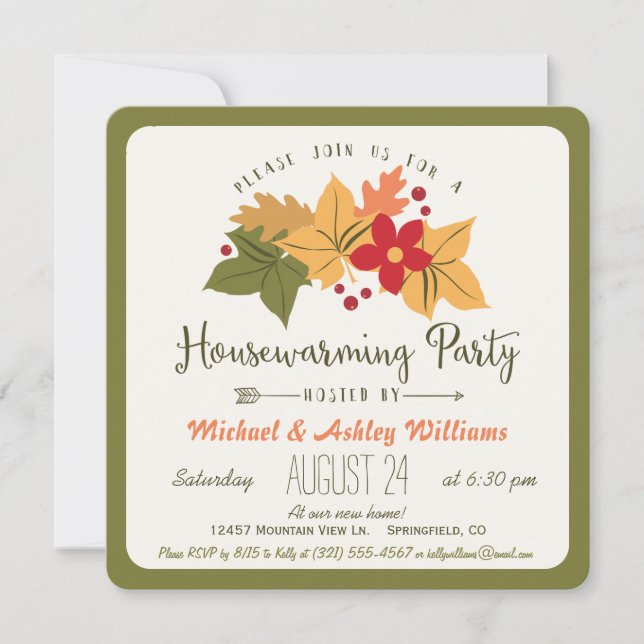 Elegant Fall Leaves, Floral Housewarming Party Invitation (Front)