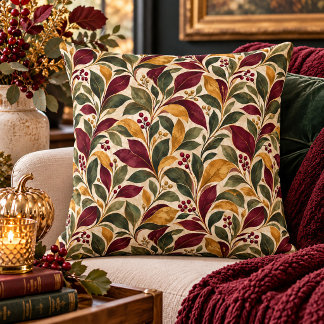 Elegant Fall Leaves in Burgundy, Green, Mustard | Throw Pillow