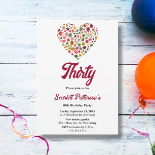 Elegant Fall Leaves Romantic Heart 30th Birthday Invitation
