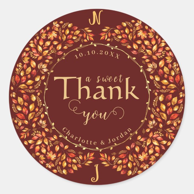 Elegant Fall Leaves Rustic Terracotta Wedding  Classic Round Sticker (Front)