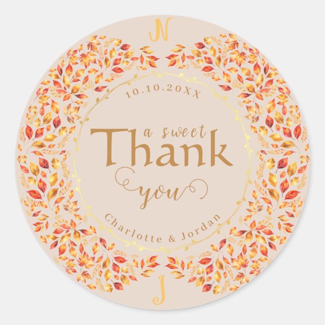 Elegant Fall Leaves Rustic Terracotta Wedding  Classic Round Sticker (Front)