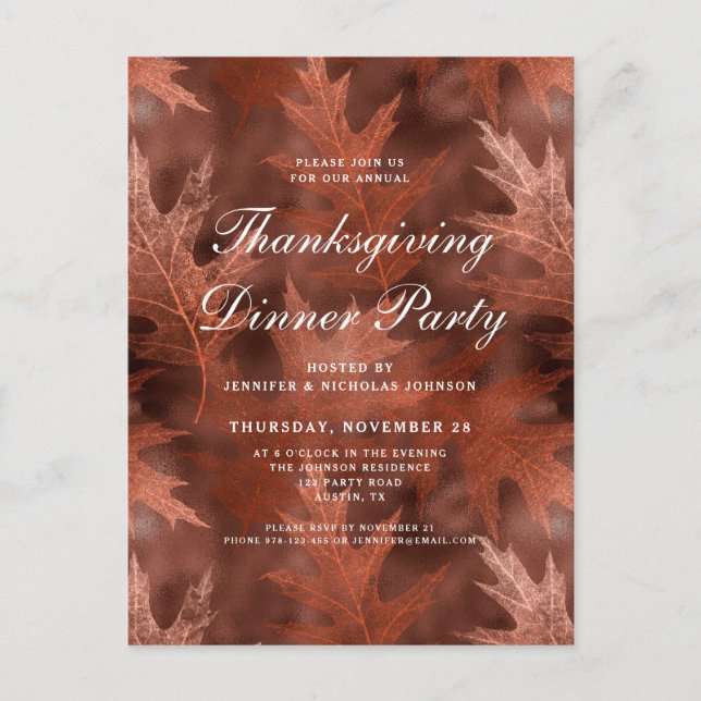 Elegant Fall Leaves Thanksgiving Dinner Party Invitation Postcard (Front)