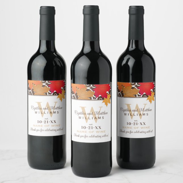 Elegant Fall Leaves Wedding Monogram Wine Label (Bottles)