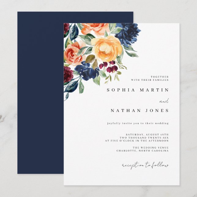 Elegant Fall Navy Watercolor Florals Wedding  Invitation (Front/Back)