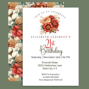 Elegant Fall Peony and Mum 21st Birthday Invitation