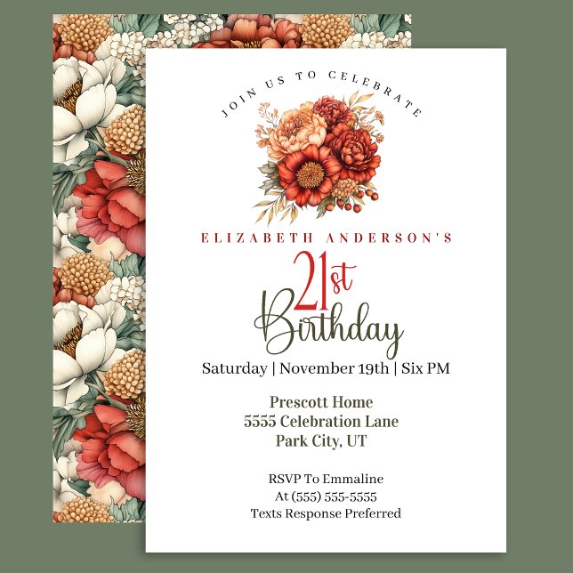 Elegant Fall Peony and Mum 21st Birthday Invitation (Creator Uploaded)