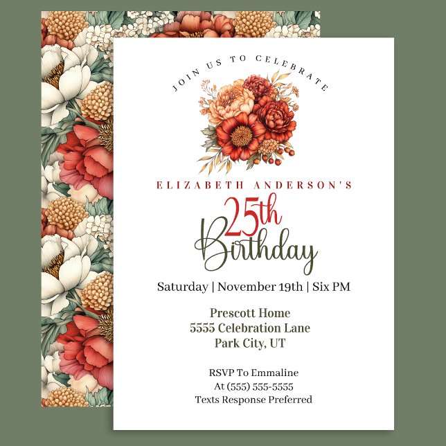 Elegant Fall Peony and Mum 25th Birthday Invitation (Creator Uploaded)