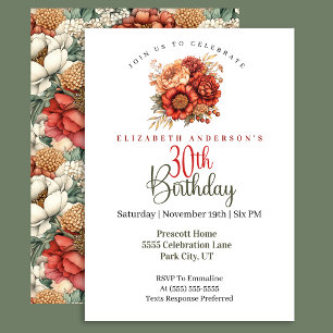 Elegant Fall Peony and Mum 30th Birthday Invitation