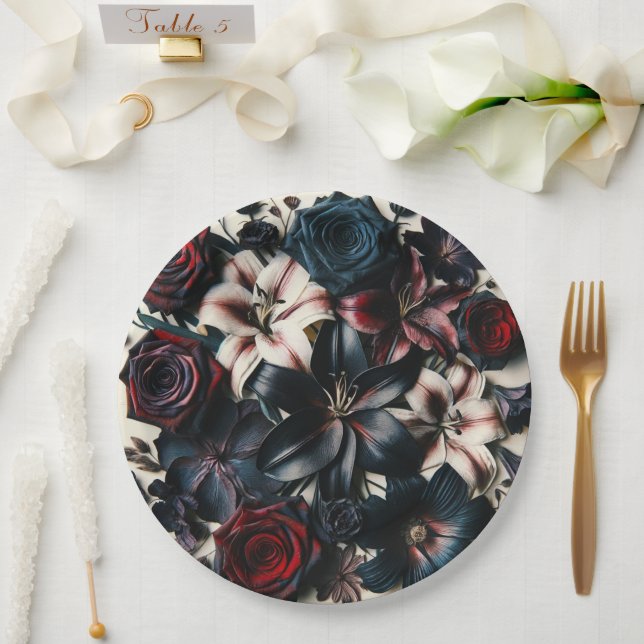  Elegant Fall Pressed Flowers Dark Wedding Paper Plate (Wedding)