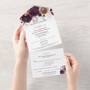 Elegant Fall Purple Champagne Rust Floral Wedding All In One Invitation