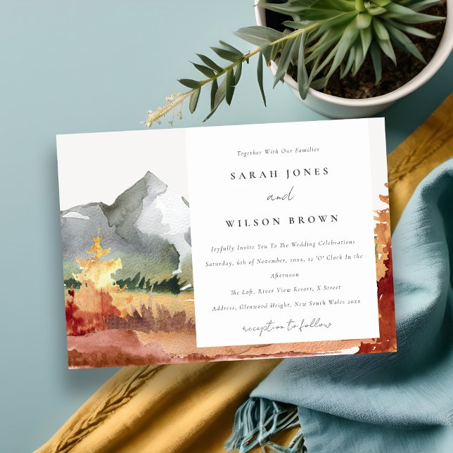 Elegant Fall Rust Orange Mountain Trees Wedding Invitation (Creator Uploaded)