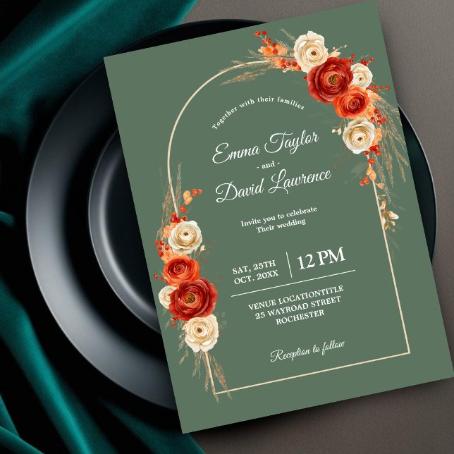 Elegant fall terracotta sage floral wedding  invitation (Creator Uploaded)