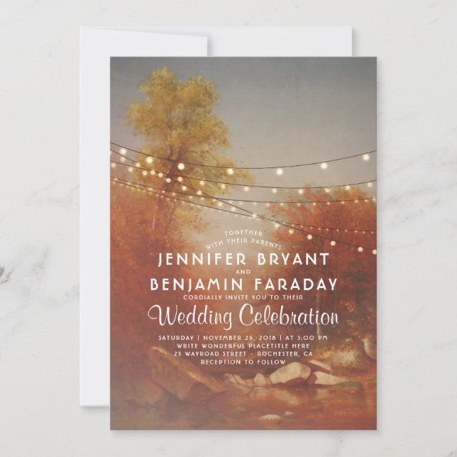 Elegant Fall Trees Rustic String Lights Wedding Invitation (Front)