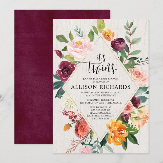 Elegant fall twins baby shower, gender neutral invitation (Front/Back)