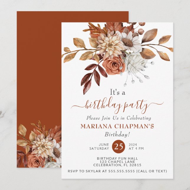Elegant Fall Watercolor Floral Birthday Party Invitation (Front/Back)