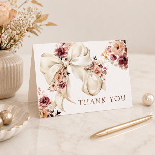 Elegant Fall Watercolor Floral Bow Baby Shower  Thank You Card