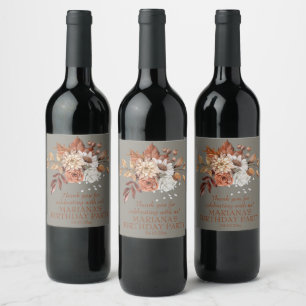 Elegant Fall Watercolor Floral Grey Wine Label